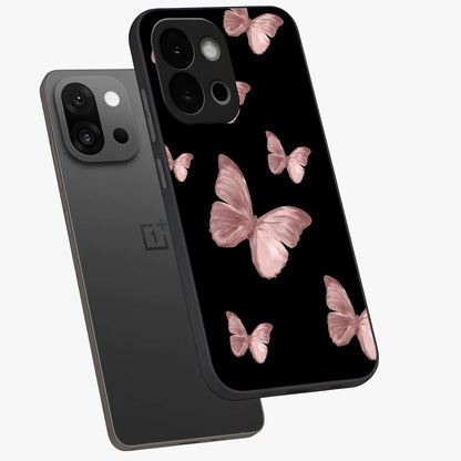 Butterfly Pattern Glass Case for 1+13S angled mockup showcasing glossy glass finish and delicate wing design