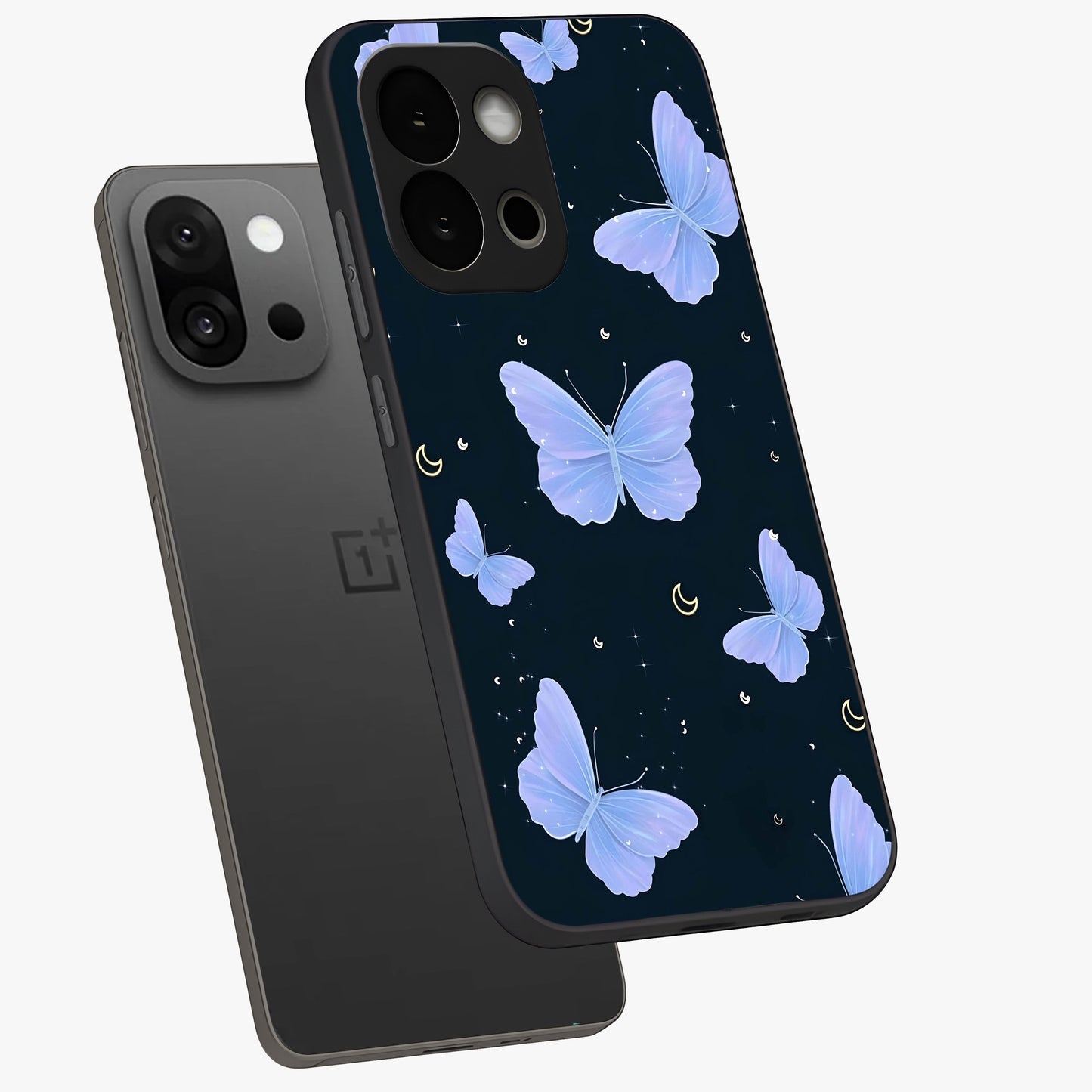 Butterfly With Stars Pattern Glass Case for 1+13S angled mockup showcasing glossy finish and celestial inspired design
