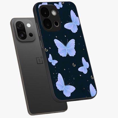 Butterfly With Stars Pattern Glass Case for 1+13S angled mockup showcasing glossy finish and celestial inspired design
