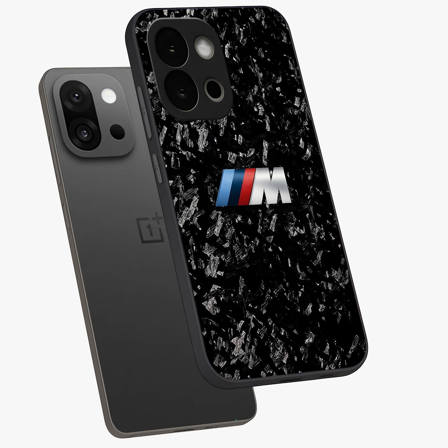 Carbon Speed Mark Glass Case for 1+13S angled mockup showcasing glossy finish and high performance aesthetic
