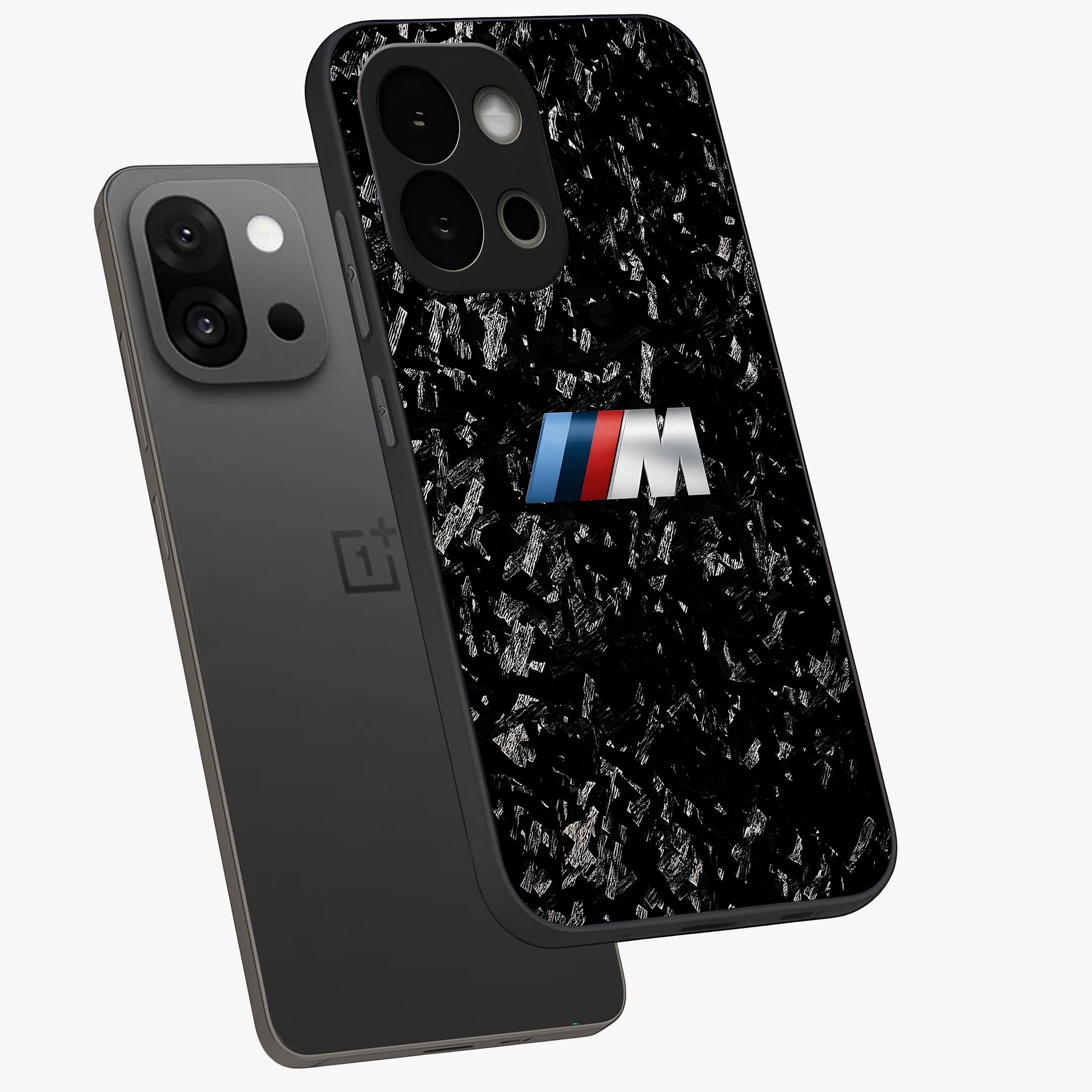Carbon Speed Mark Glass Case for 1+13S angled mockup showcasing glossy finish and high performance aesthetic