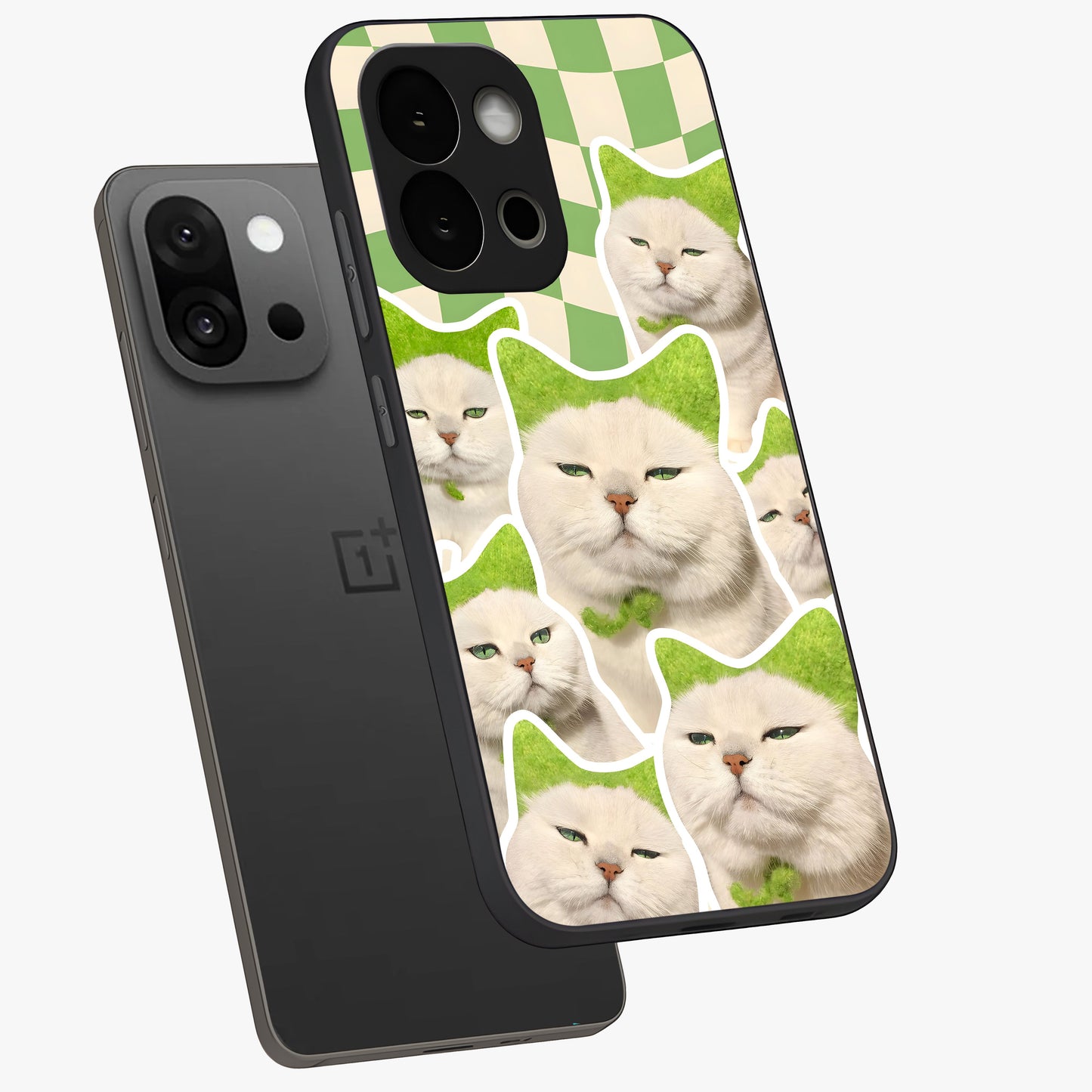 Cats Ethereal Bloom Glass Case for 1+13S angled mockup showcasing glossy finish and dreamy pastel tones