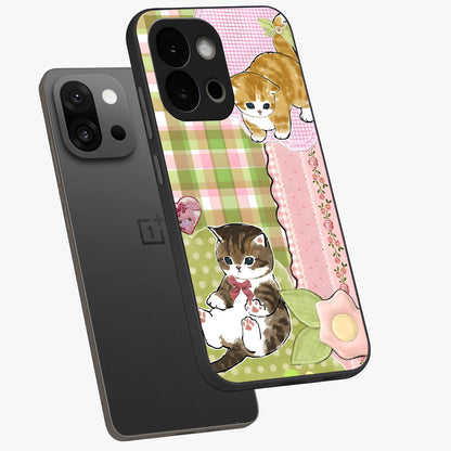 Cats Sweet Button Glass Case for 1+13S angled mockup showcasing glossy finish and charming character design