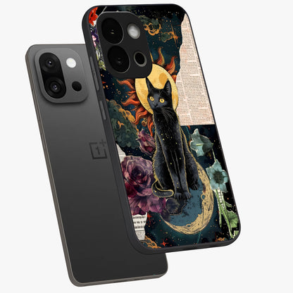 Celestial Black Cat Glass Case for 1+13S angled mockup showcasing glossy finish and celestial glow detailing