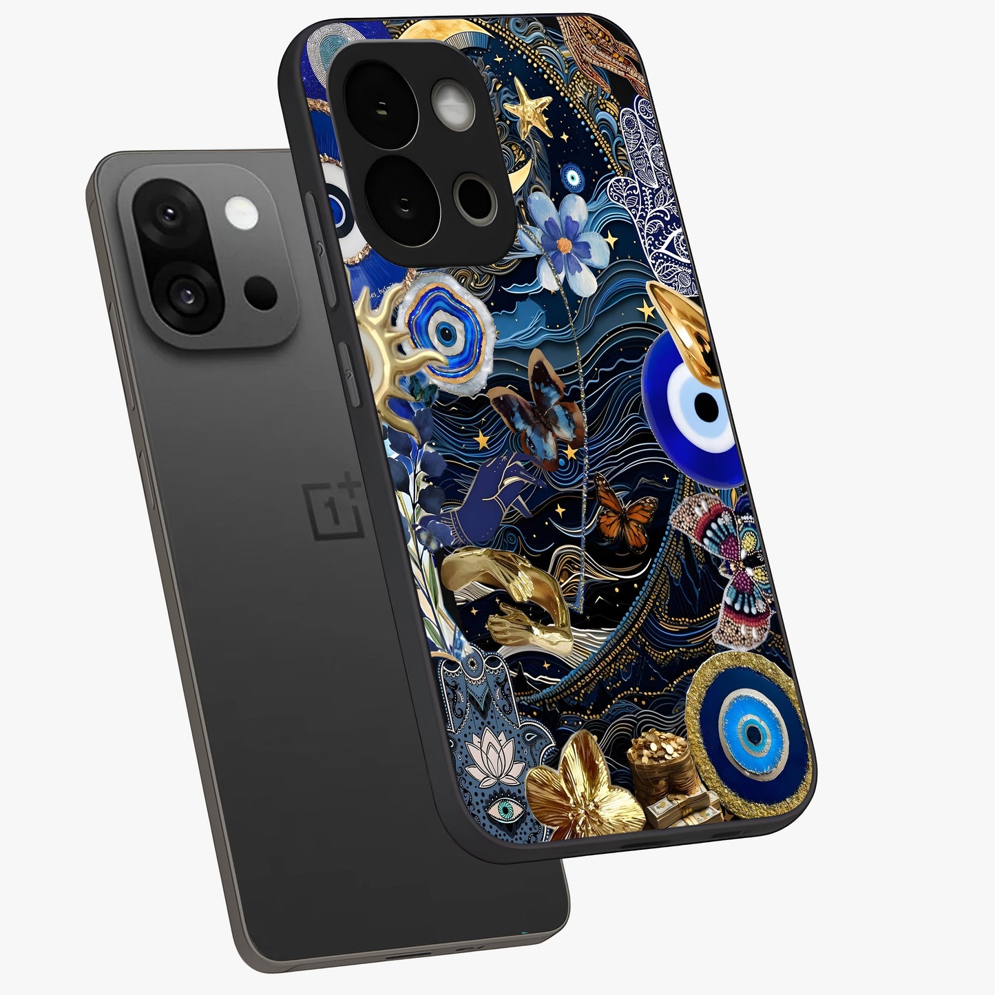 Celestial Blessing Shield Glass Case for 1+13S angled mockup showcasing glossy finish and divine design elements