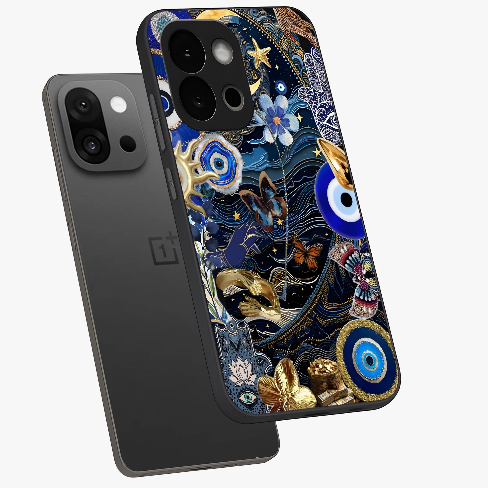 Celestial Blessing Shield Glass Case for 1+13S angled mockup showcasing glossy finish and divine design elements