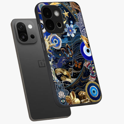 Celestial Blessing Shield Glass Case for 1+13S angled mockup showcasing glossy finish and divine design elements