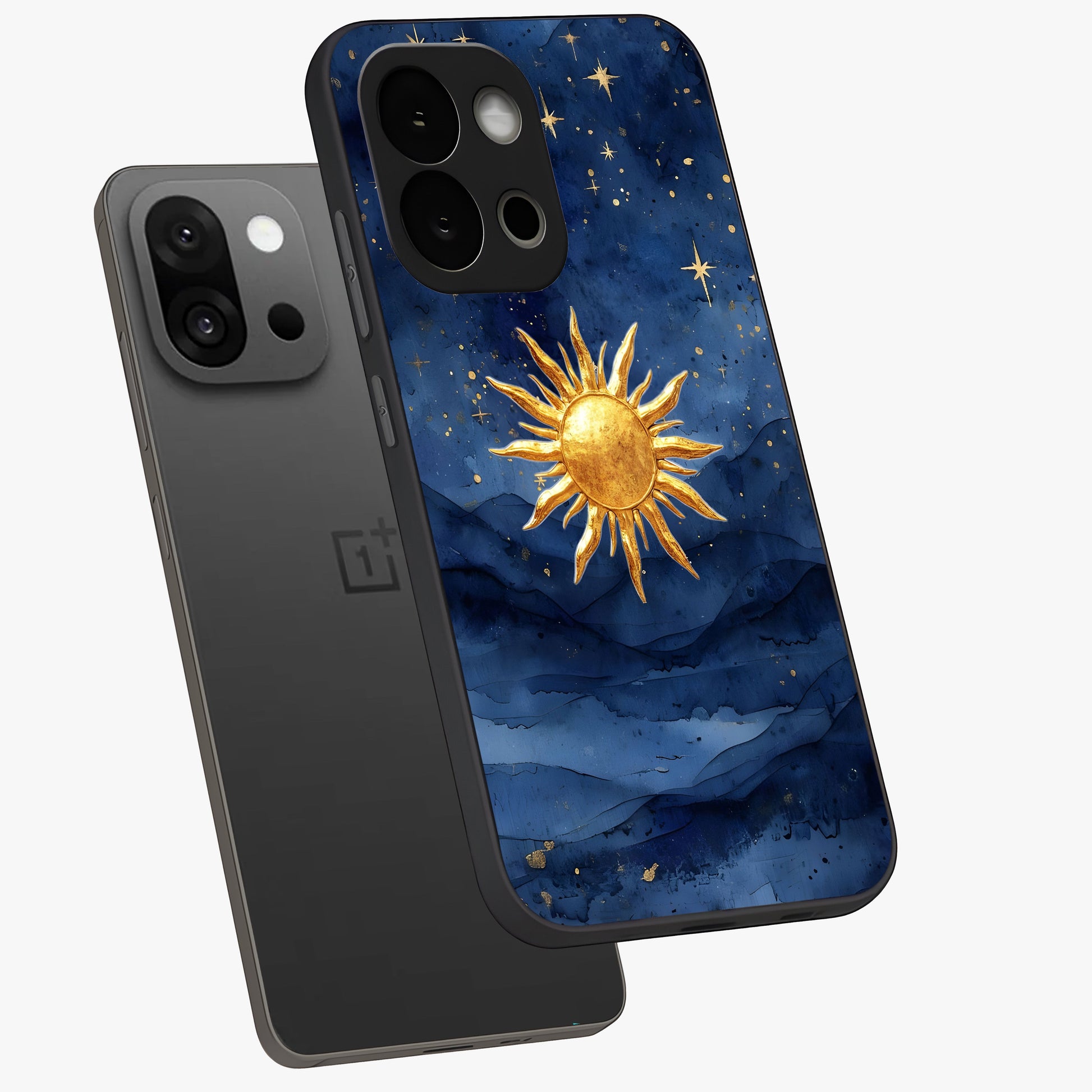 Celestial Blue Glow Glass Case for 1+13S angled mockup showcasing glossy finish and luminous celestial tones