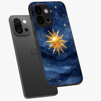 Celestial Blue Glow Glass Case for 1+13S angled mockup showcasing glossy finish and luminous celestial tones