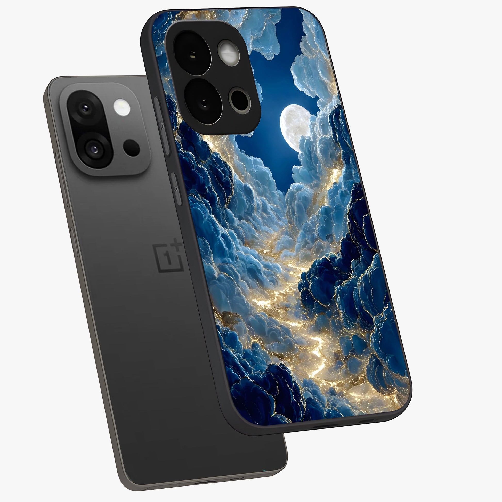Celestial Cloud Path Glass Case for 1+13S angled mockup showcasing glossy finish and soft celestial gradients