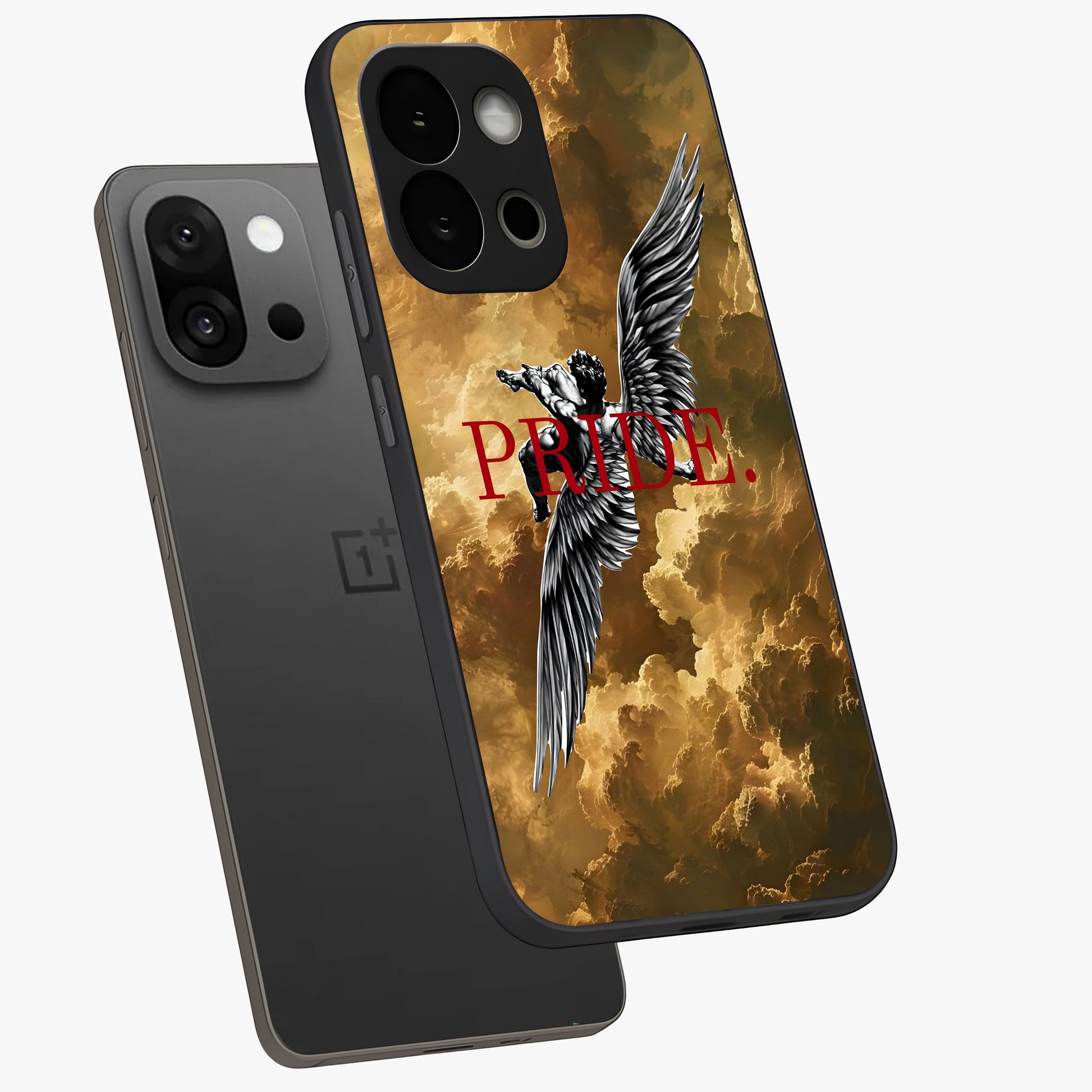 Celestial Fallen Pride Glass Case for 1+13S angled mockup showcasing glossy glass finish and intense night sky detailing