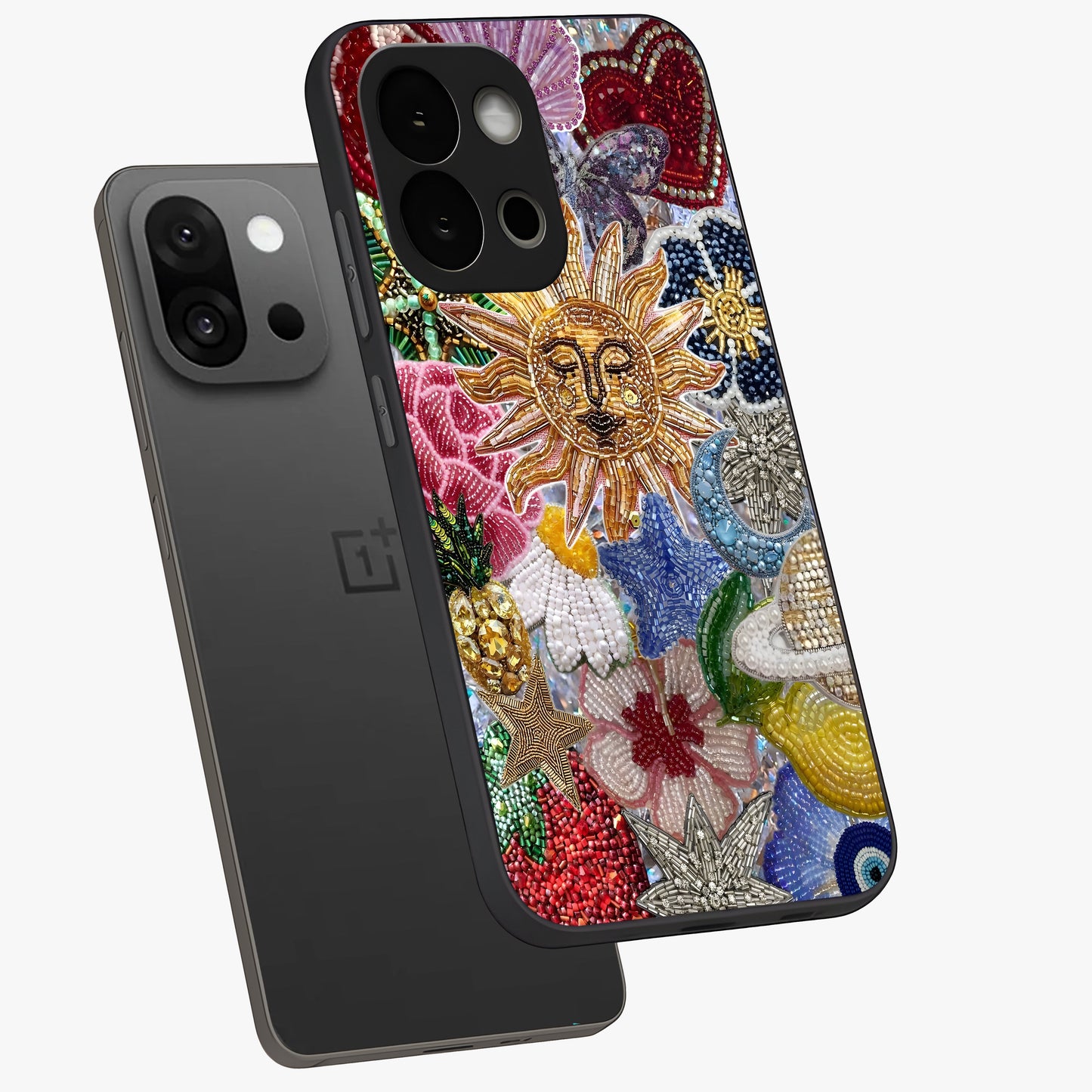 Celestial Floral and Playful Glass Case for 1+13S angled mockup showcasing glossy finish and colorful celestial detailing