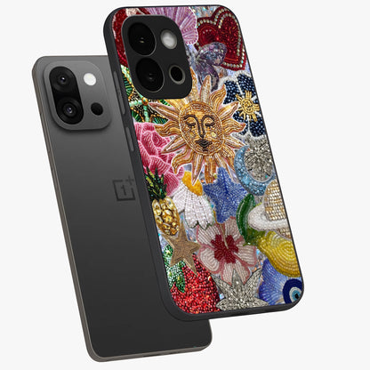 Celestial Floral and Playful Glass Case for 1+13S angled mockup showcasing glossy finish and colorful celestial detailing