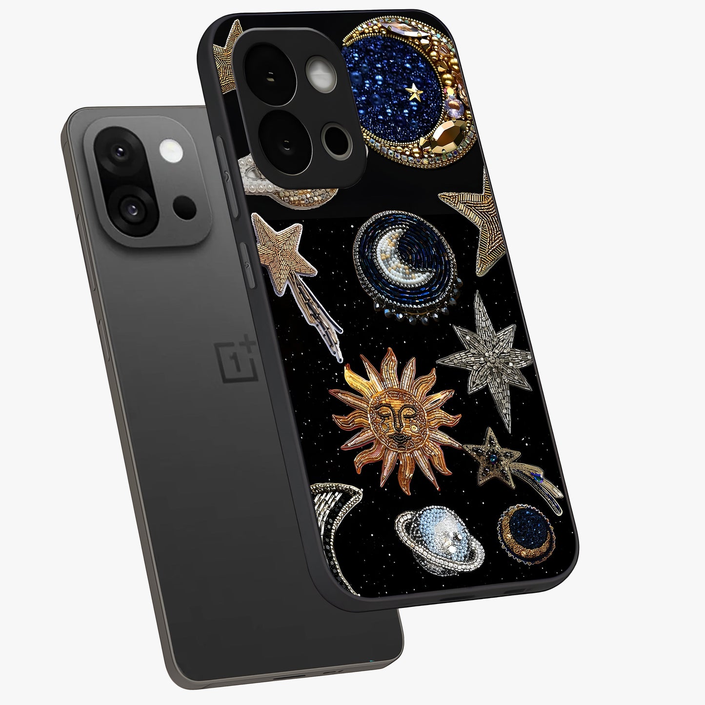 Celestial Gem Constellations Glass Case for 1+13S angled mockup showcasing glossy finish and sparkling cosmic design