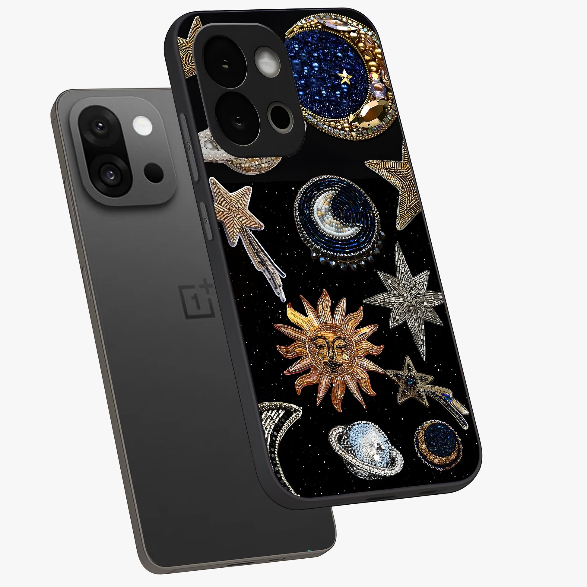 Celestial Gem Constellations Glass Case for 1+13S angled mockup showcasing glossy finish and sparkling cosmic design