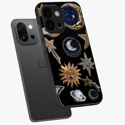 Celestial Gem Constellations Glass Case for 1+13S angled mockup showcasing glossy finish and sparkling cosmic design