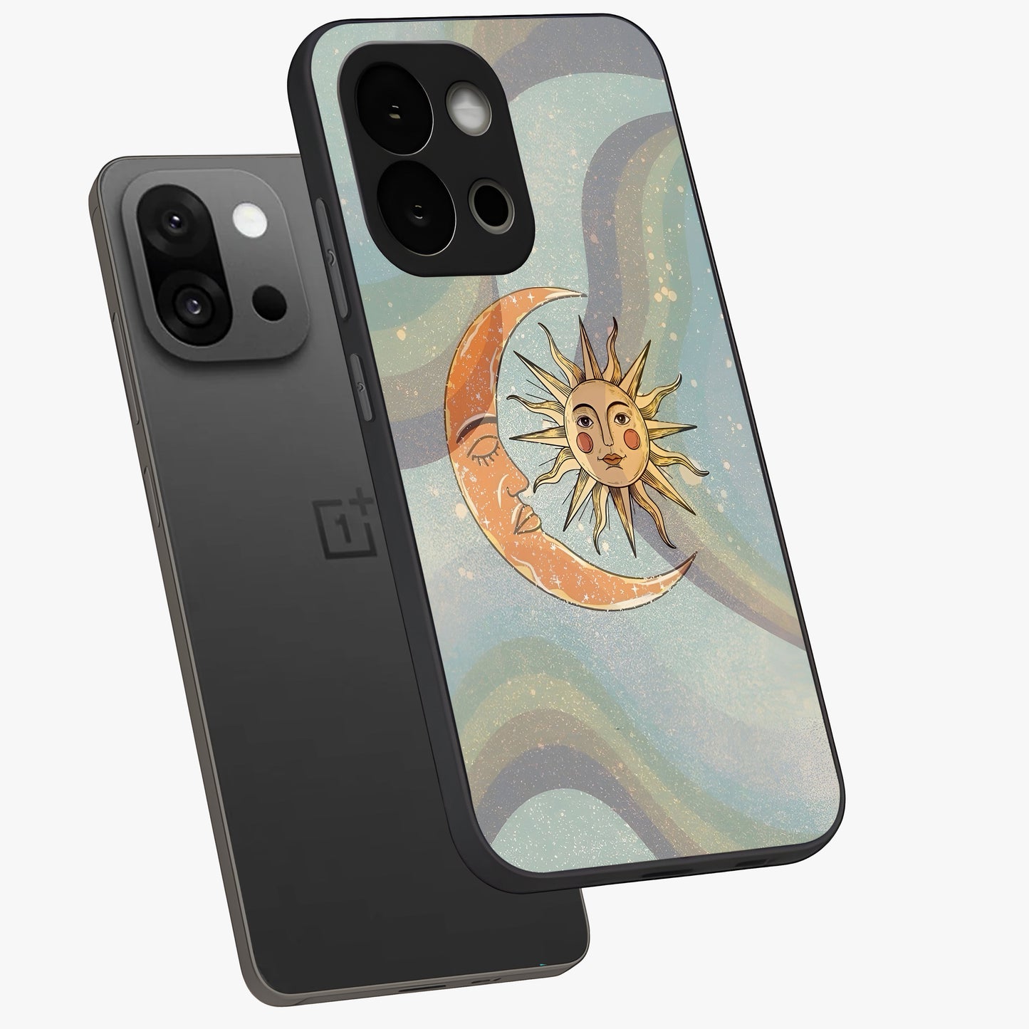 Celestial Harmony Vibes Glass Case for 1+13S angled mockup showcasing glossy finish and smooth celestial gradients