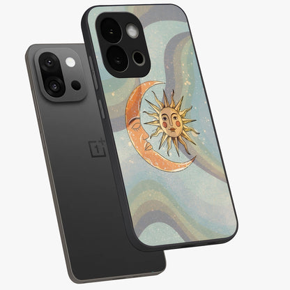 Celestial Harmony Vibes Glass Case for 1+13S angled mockup showcasing glossy finish and smooth celestial gradients