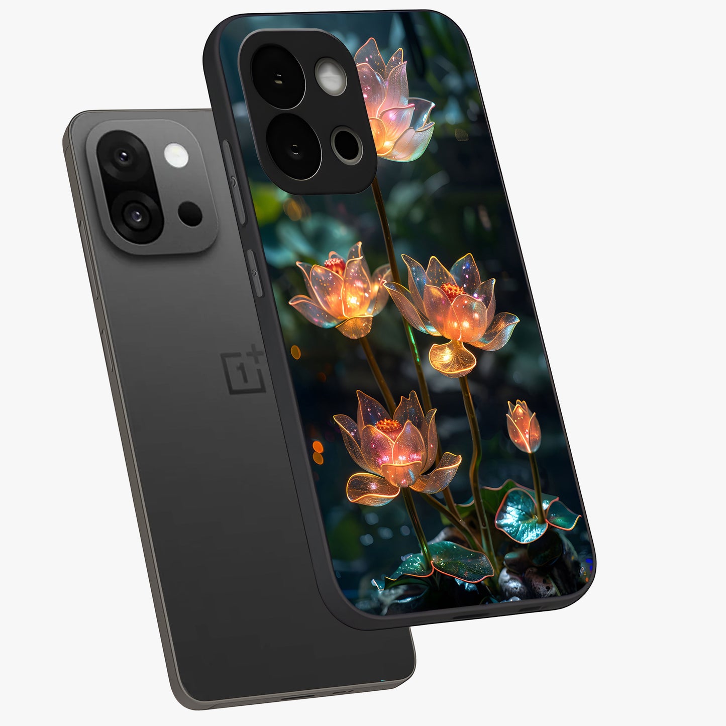 Celestial Lotus Light Glass Case for 1+13S angled mockup showcasing glossy finish and radiant celestial tones