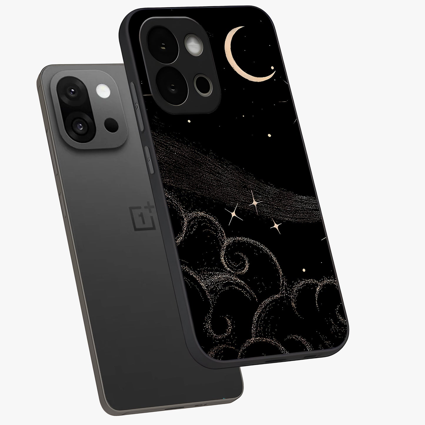 Celestial Midnight Veil Glass Case for 1+13S angled mockup showcasing glossy finish and dark celestial gradients