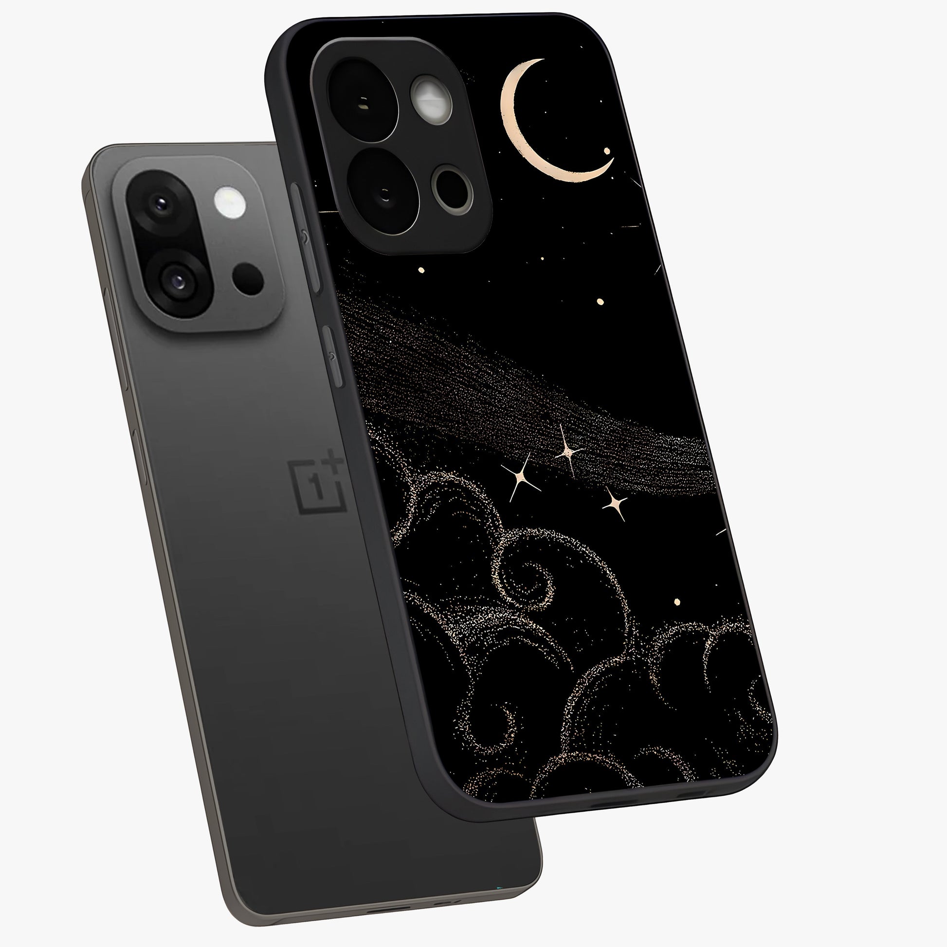 Celestial Midnight Veil Glass Case for 1+13S angled mockup showcasing glossy finish and dark celestial gradients