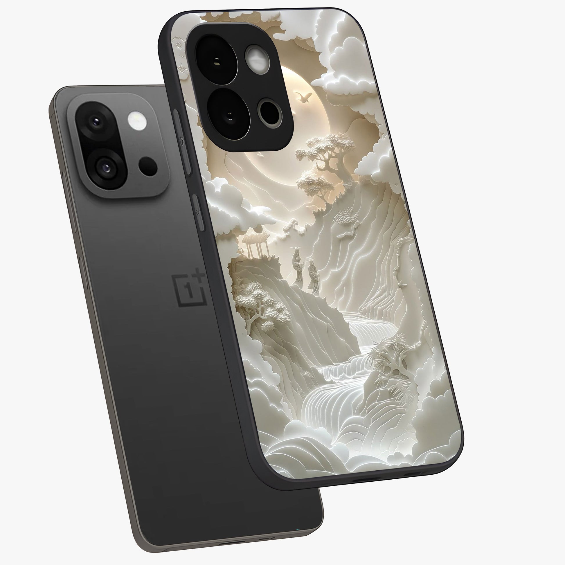 Celestial Origami Glass Case for 1+13S angled mockup showcasing glossy finish and geometric celestial design