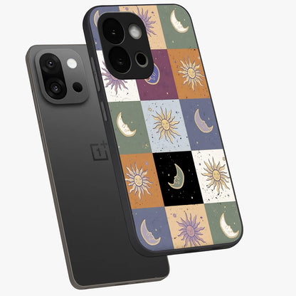 Celestial Patchwork Dreams Glass Case for 1+13S angled mockup showcasing glossy finish and layered celestial textures