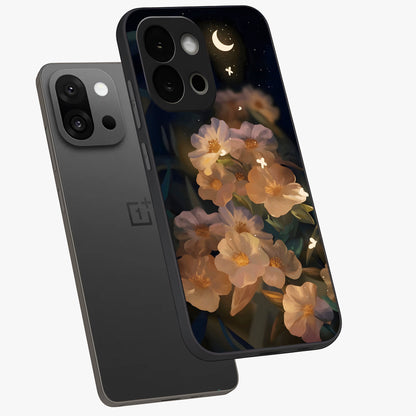 Celestial Petal Night Glass Case for 1+13S angled mockup showcasing glossy finish and glowing celestial accents