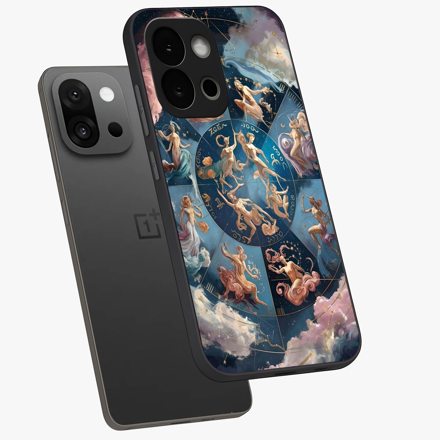 Celestial Signs Dance Glass Case for 1+13S angled mockup showcasing glossy finish and cosmic sign detailing