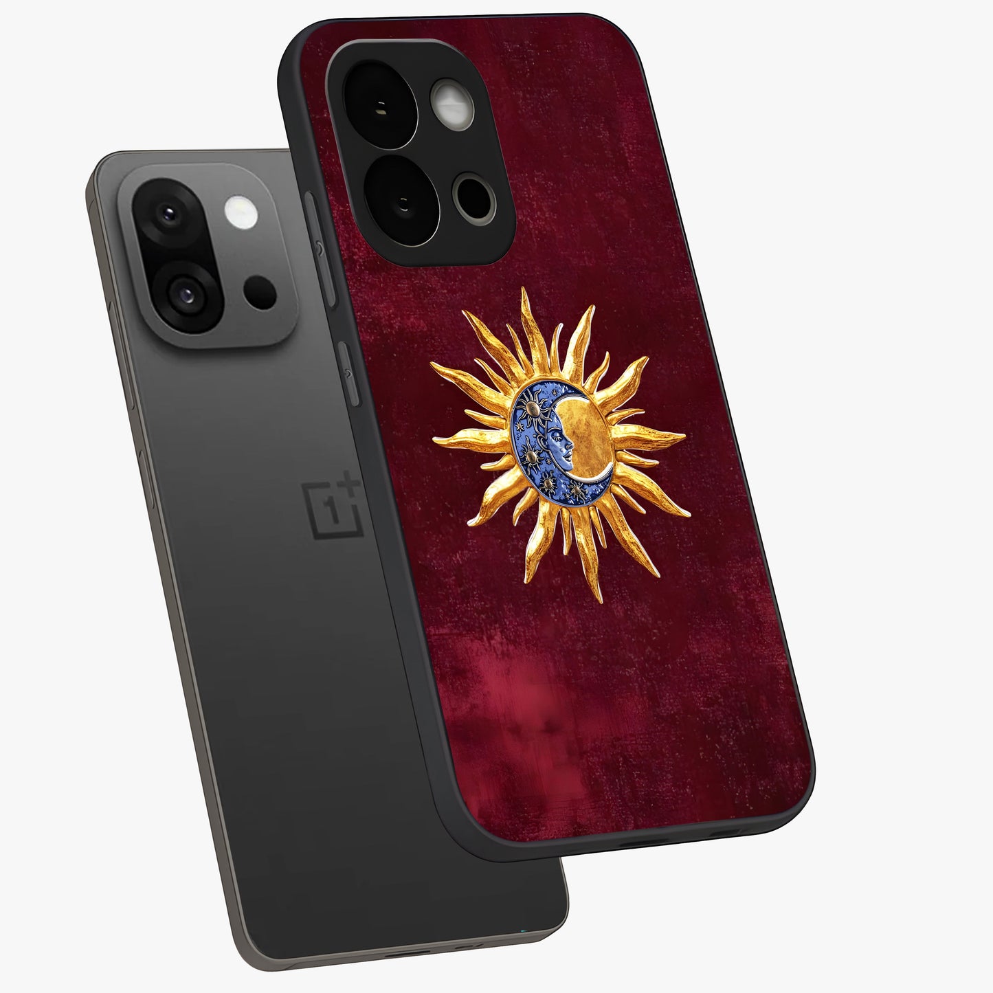 Celestial Unity Charm Glass Case for 1+13S angled mockup showcasing glossy finish and balanced cosmic design