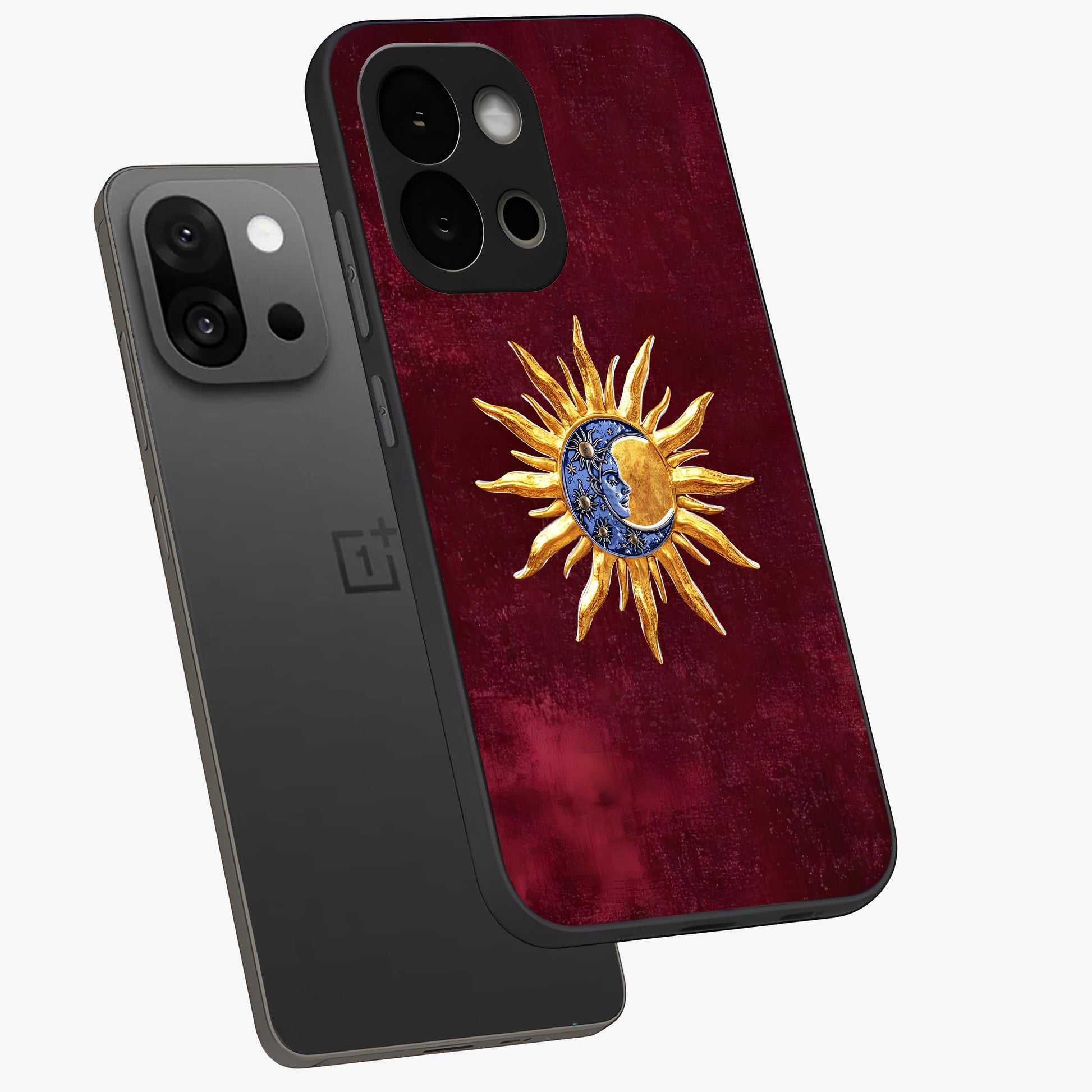 Celestial Unity Charm Glass Case for 1+13S angled mockup showcasing glossy finish and balanced cosmic design