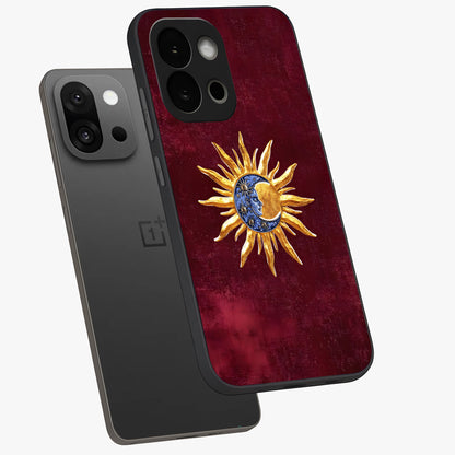 Celestial Unity Charm Glass Case for 1+13S angled mockup showcasing glossy finish and balanced cosmic design