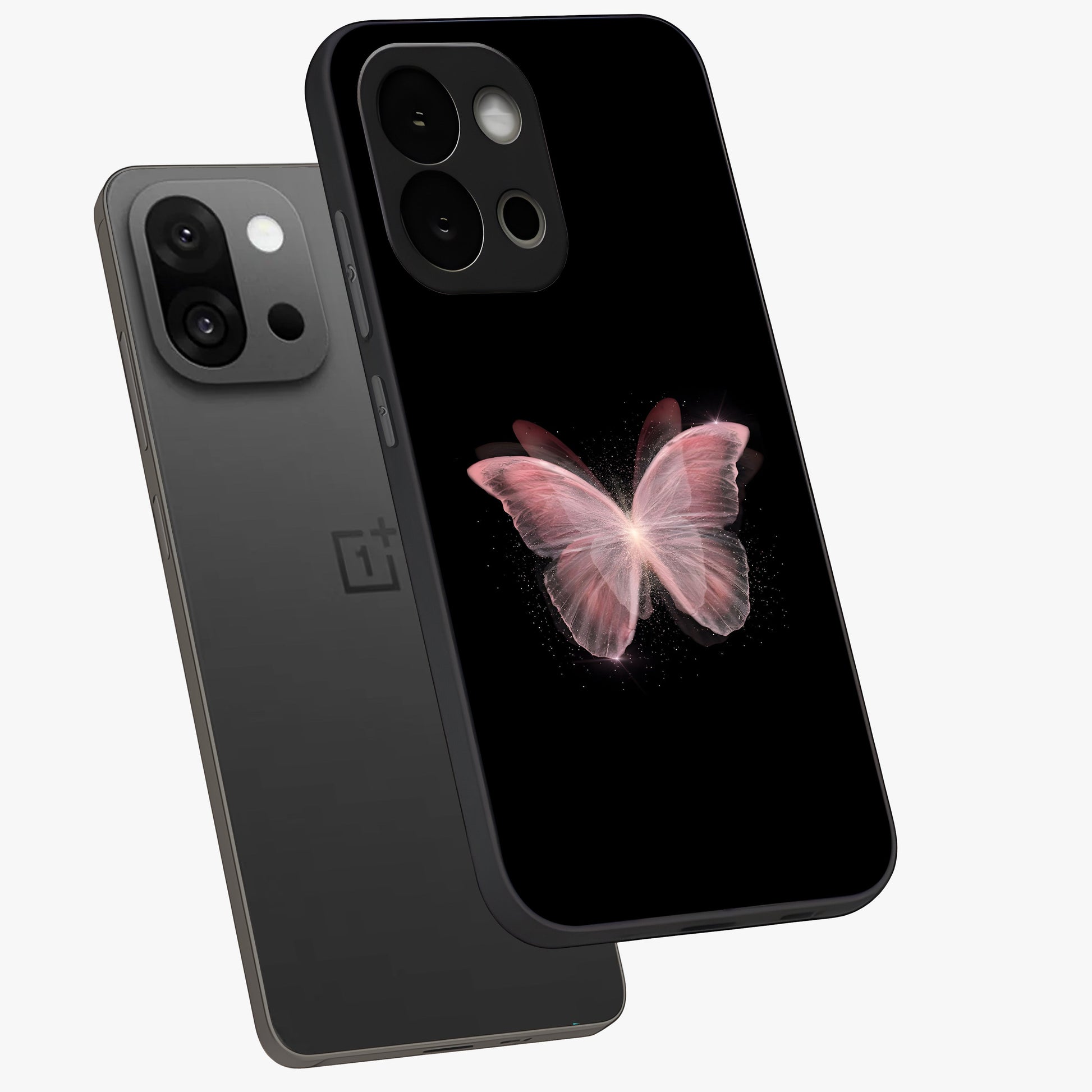 Celestial Wings Butterfly Glass Case for 1+13S angled mockup showcasing glossy finish and luminous wing detailing