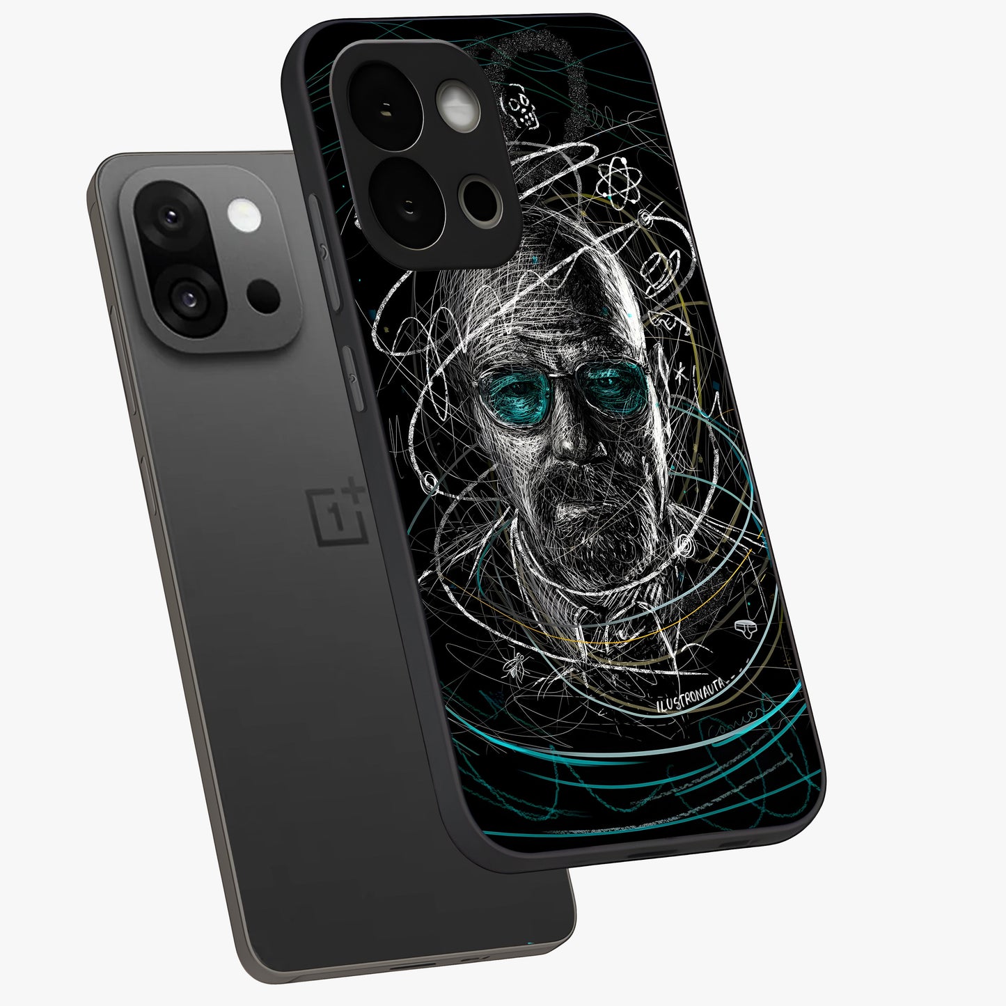 Chaotic Mind Genius Glass Case for 1+13S angled mockup showcasing glossy finish and edgy artistic design