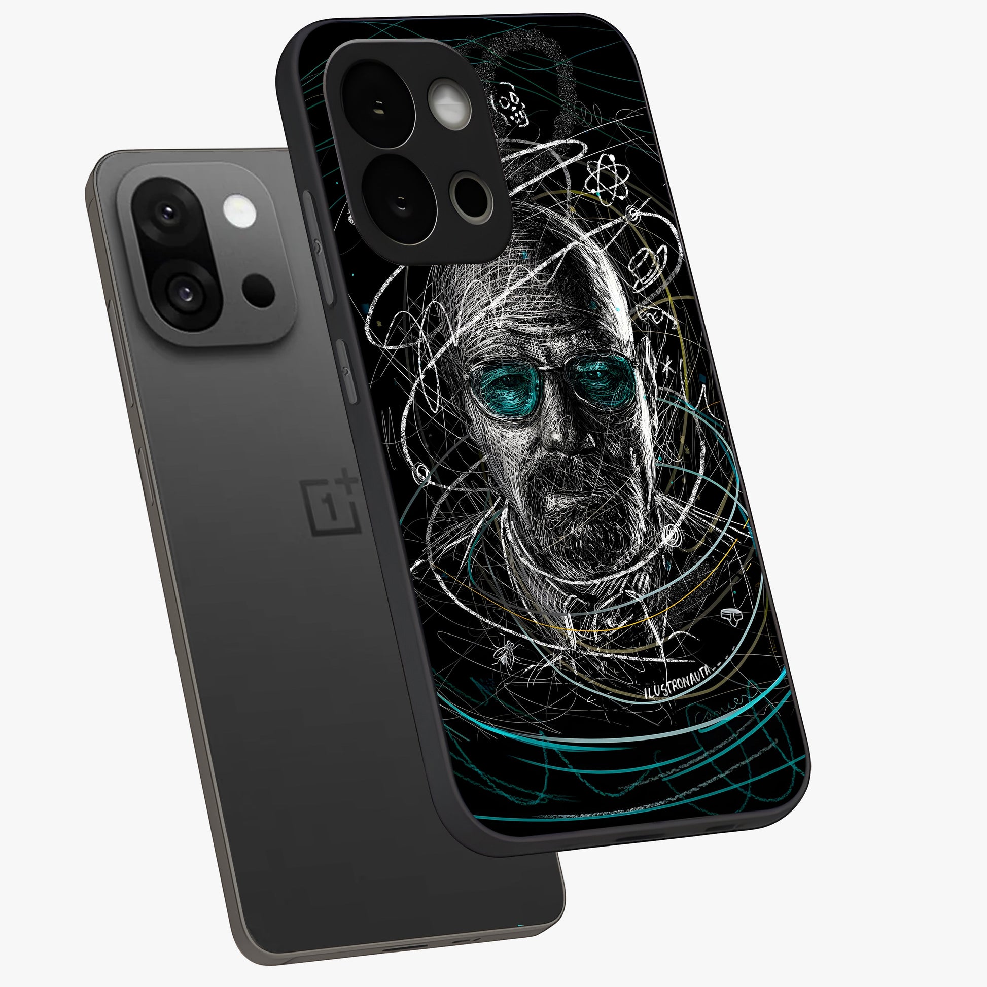 Chaotic Mind Genius Glass Case for 1+13S angled mockup showcasing glossy finish and edgy artistic design