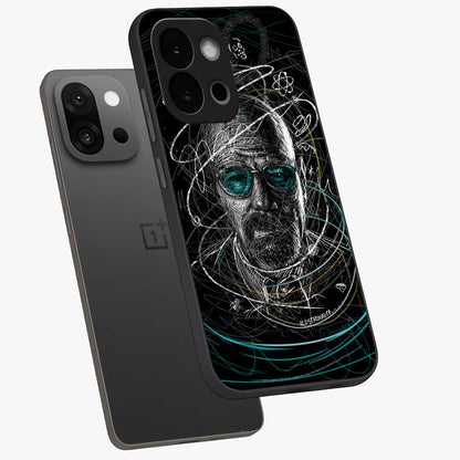 Chaotic Mind Genius Glass Case for 1+13S angled mockup showcasing glossy finish and edgy artistic design