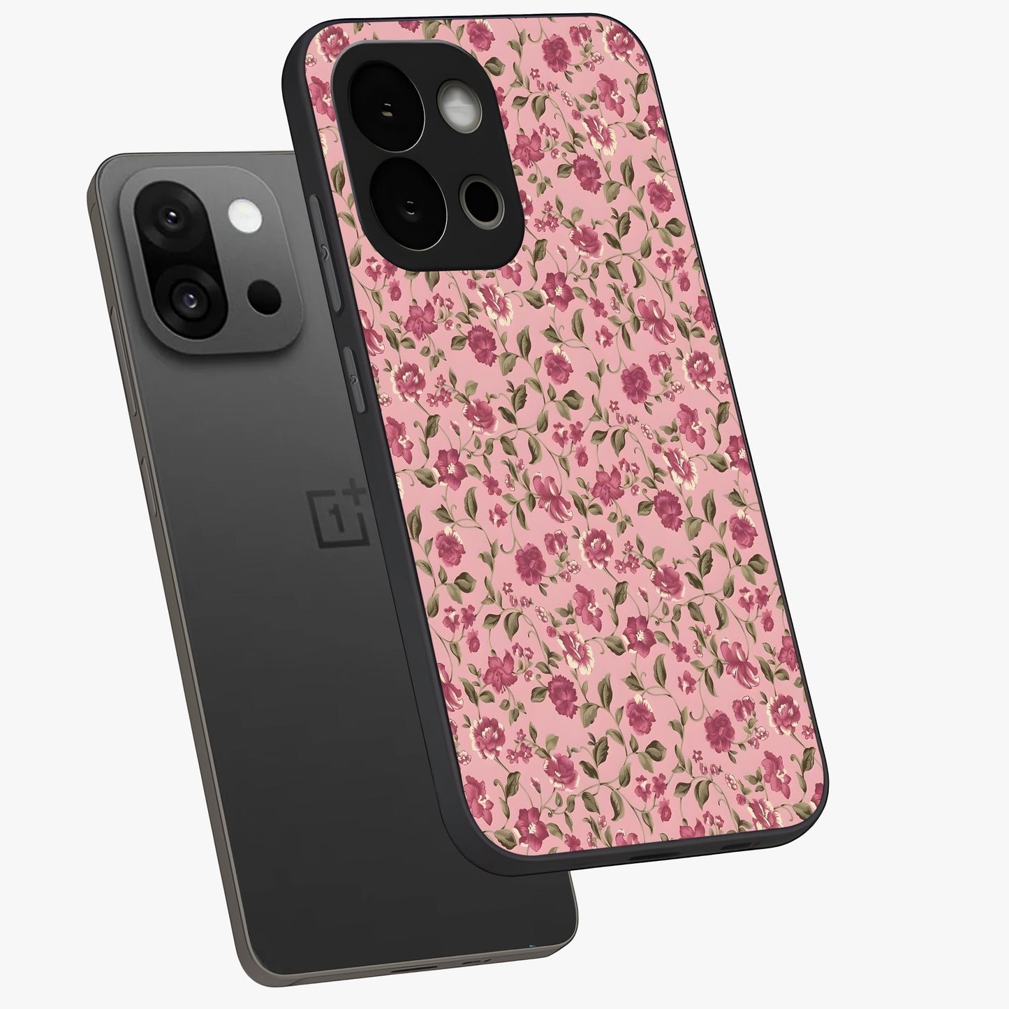 Charming Pink Floral Glass Case for 1+13S angled mockup showcasing glossy finish and elegant bloom detailing