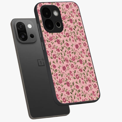 Charming Pink Floral Glass Case for 1+13S angled mockup showcasing glossy finish and elegant bloom detailing