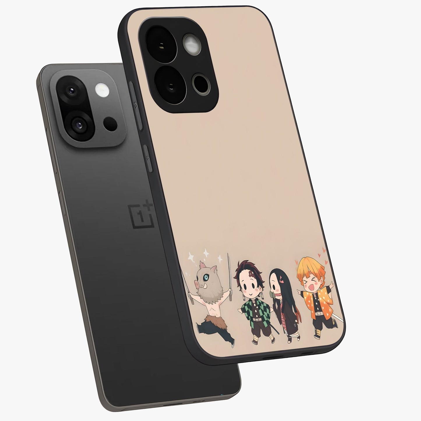 Chibi Demon Squad Glass Case for 1+13S angled mockup showcasing glossy finish and vibrant anime inspired design