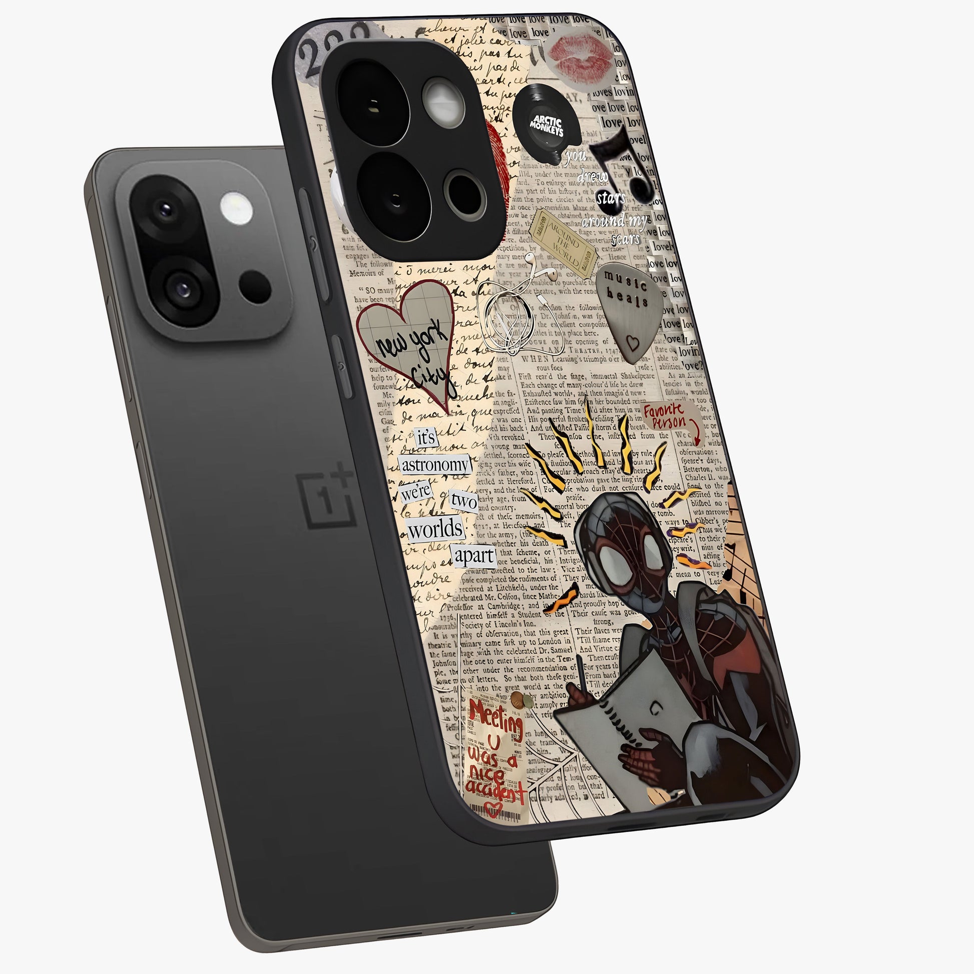 City Dream Sketch Glass Case for 1+13S captured at a warm angle highlighting urban line details, gloss, and edge clarity.