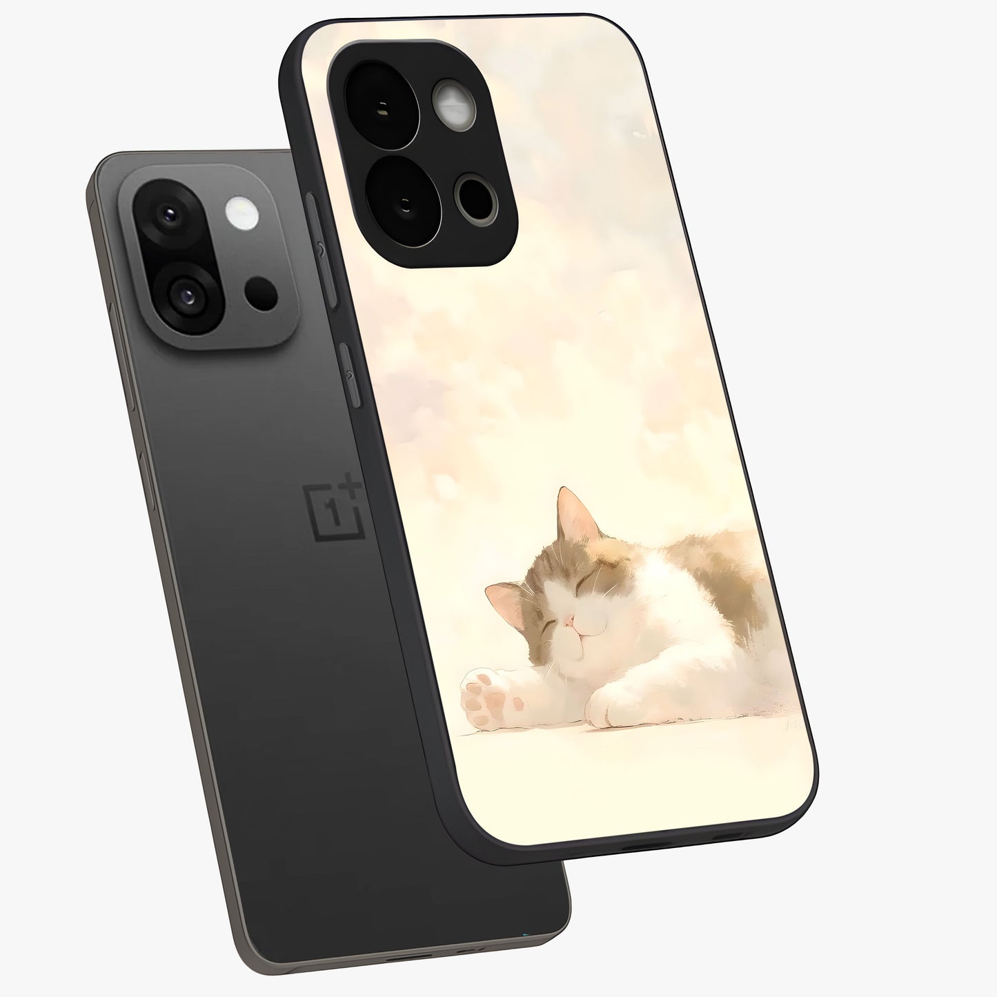 Cloud Nap Cat Glass Case for 1+13S angled mockup showcasing glossy finish and cozy pastel tones