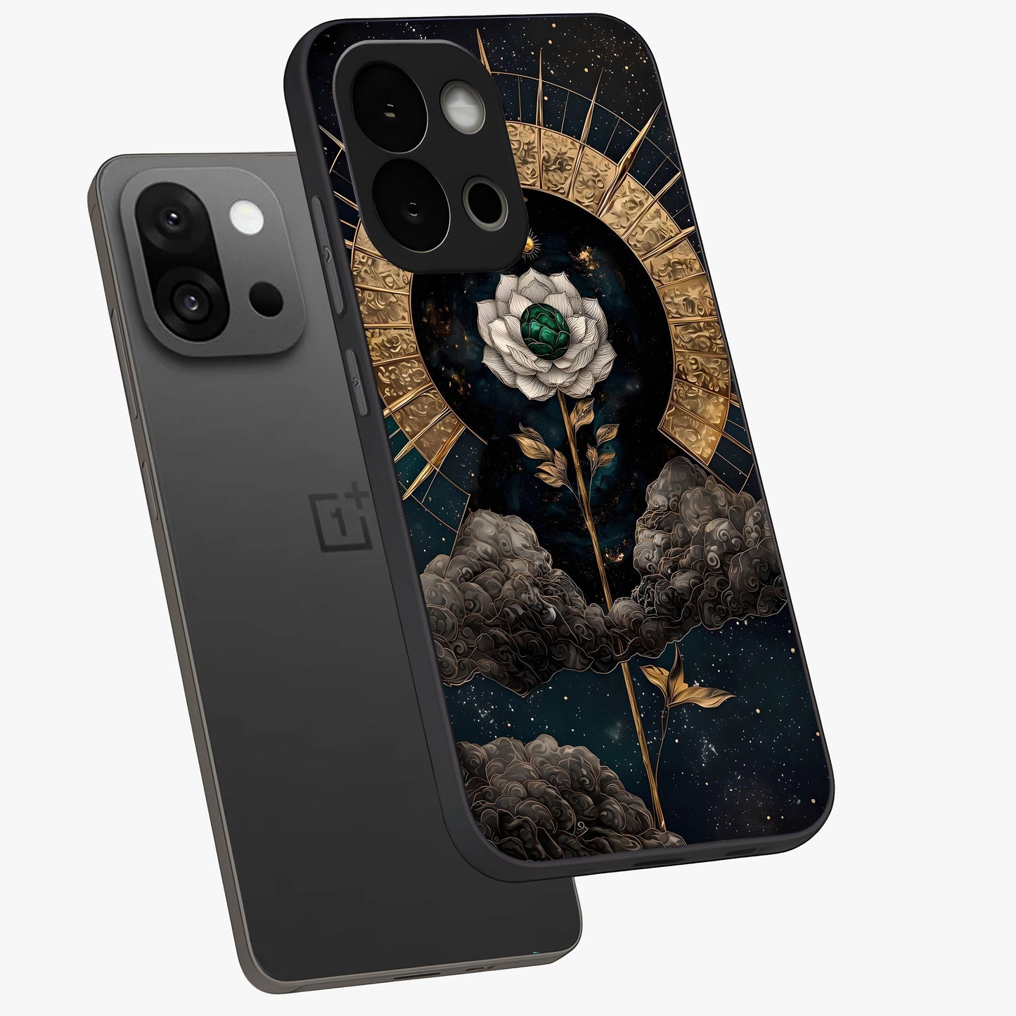 Cosmic Bloom Rose Glass Case for 1+13S angled mockup showcasing glossy finish and vibrant celestial floral tones