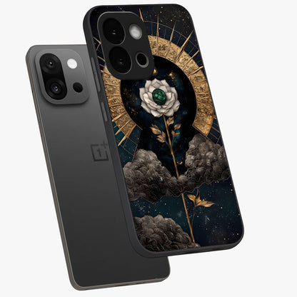 Cosmic Bloom Rose Glass Case for 1+13S angled mockup showcasing glossy finish and vibrant celestial floral tones