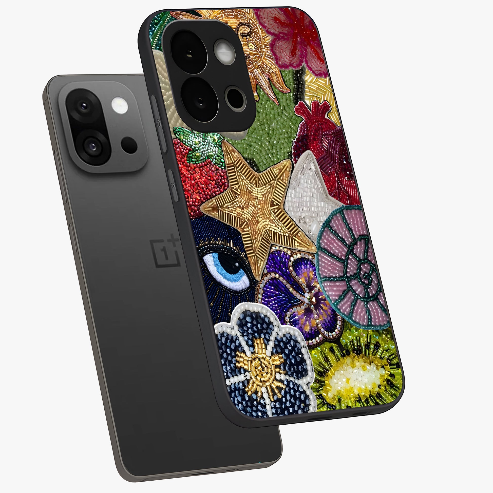 Cosmic Charm Shine Glass Case for 1+13S angled mockup showcasing glossy finish and sparkling cosmic tones