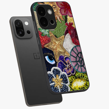 Cosmic Charm Shine Glass Case for 1+13S angled mockup showcasing glossy finish and sparkling cosmic tones