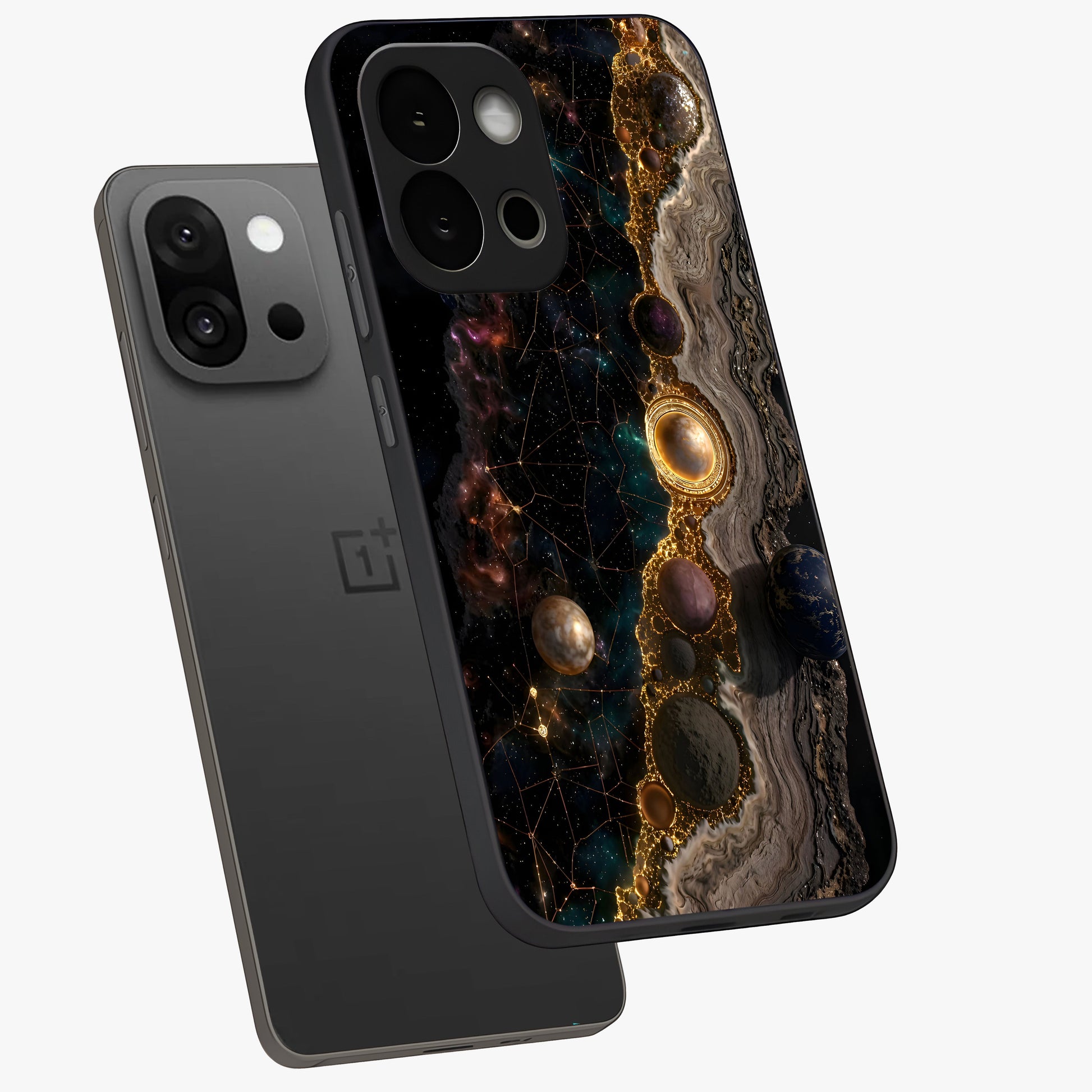 Cosmic Gold Path Glass Case for 1+13S angled mockup showcasing glossy finish and radiant gold accents