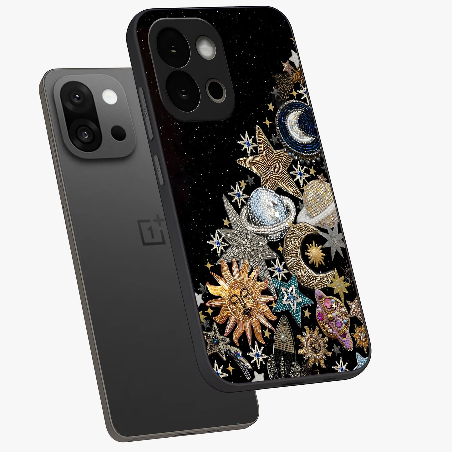Cosmic Sparkle Dreams Glass Case for 1+13S angled mockup showcasing glossy finish and vibrant celestial glow
