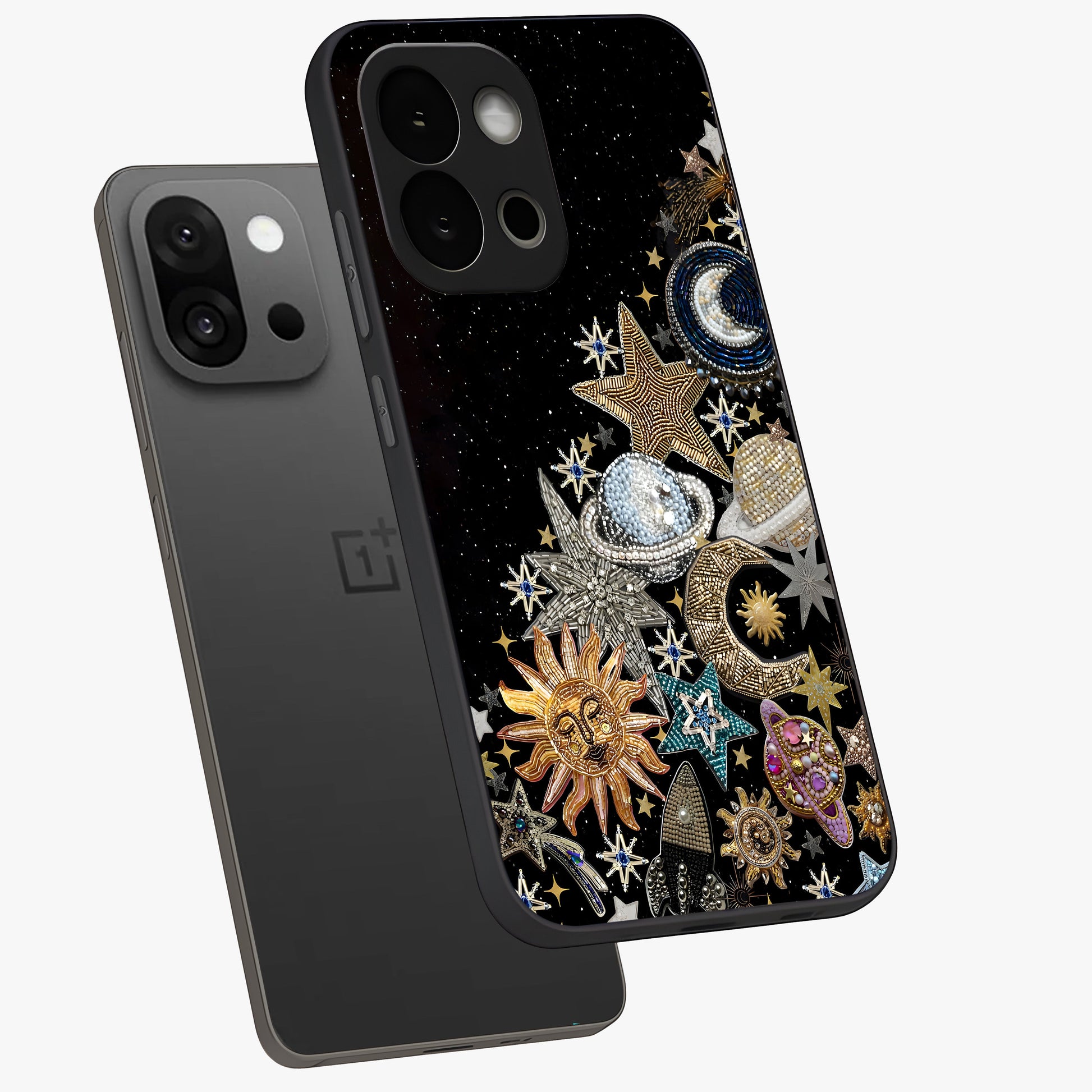 Cosmic Sparkle Dreams Glass Case for 1+13S angled mockup showcasing glossy finish and vibrant celestial glow