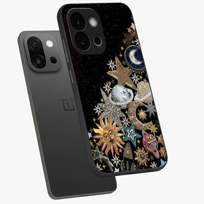 Cosmic Sparkle Dreams Glass Case for 1+13S angled mockup showcasing glossy finish and vibrant celestial glow