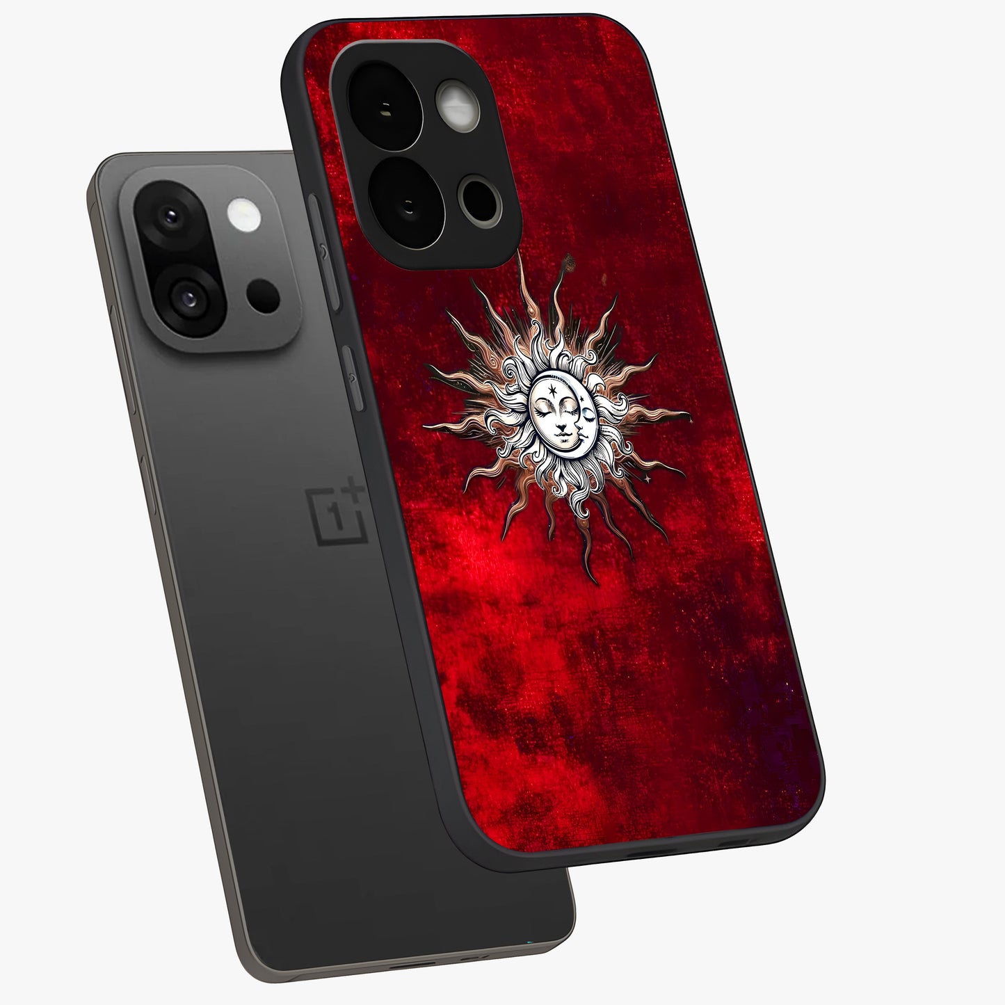 Cosmic Twin Eclipse Glass Case for 1+13S angled mockup showcasing glossy finish and bold celestial contrast